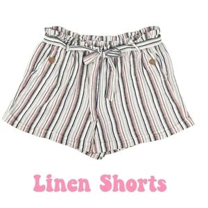Cotton & Linen Striped Button-Pocket Seaside Casual Shorts, L